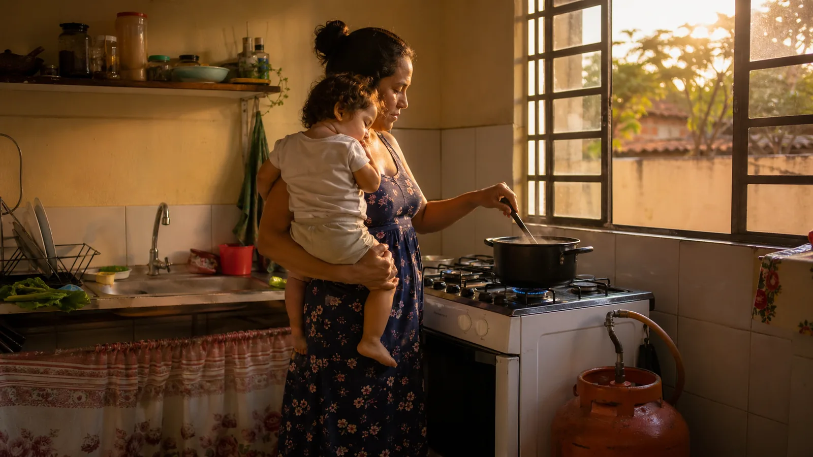 Família brasileira na cozinha com botijão de gás visível, simbolizando o Auxílio Gás de junho