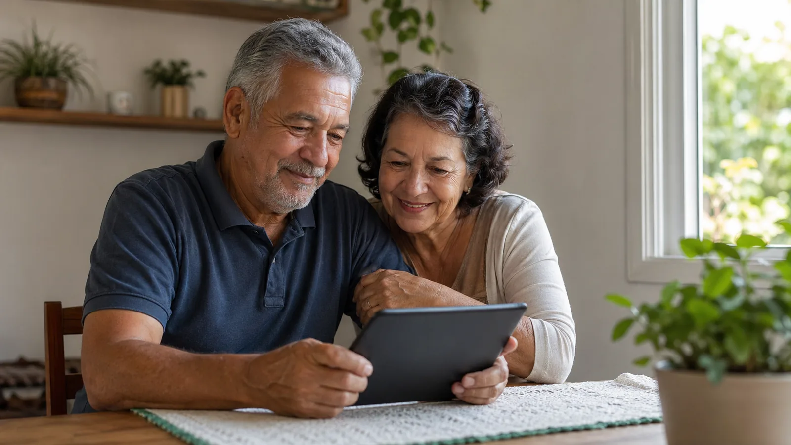 Casal de aposentados brasileiros consultando o aplicativo Meu INSS no tablet
