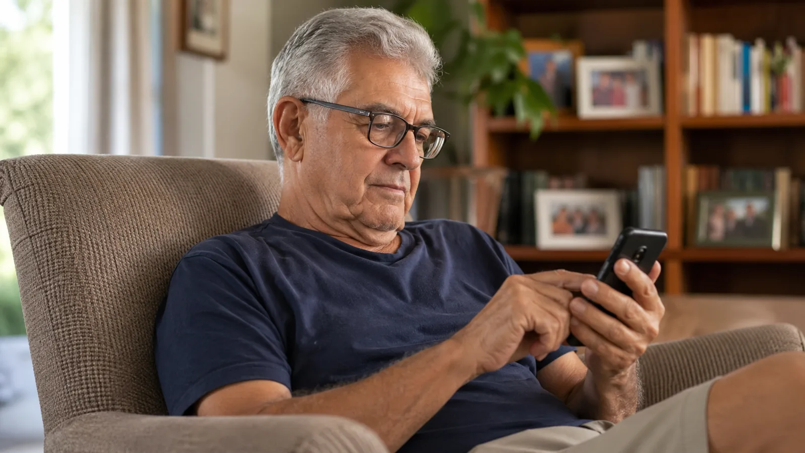 Aposentado brasileiro consultando seu benefício no celular durante a primavera