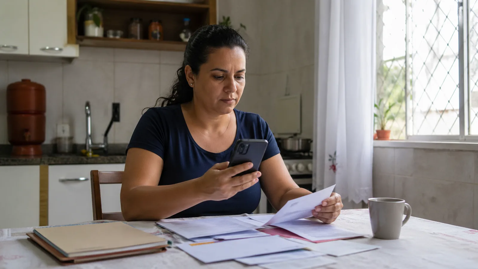 Mulher brasileira atenta resolvendo bloqueio do Bolsa Família, com papéis e celular