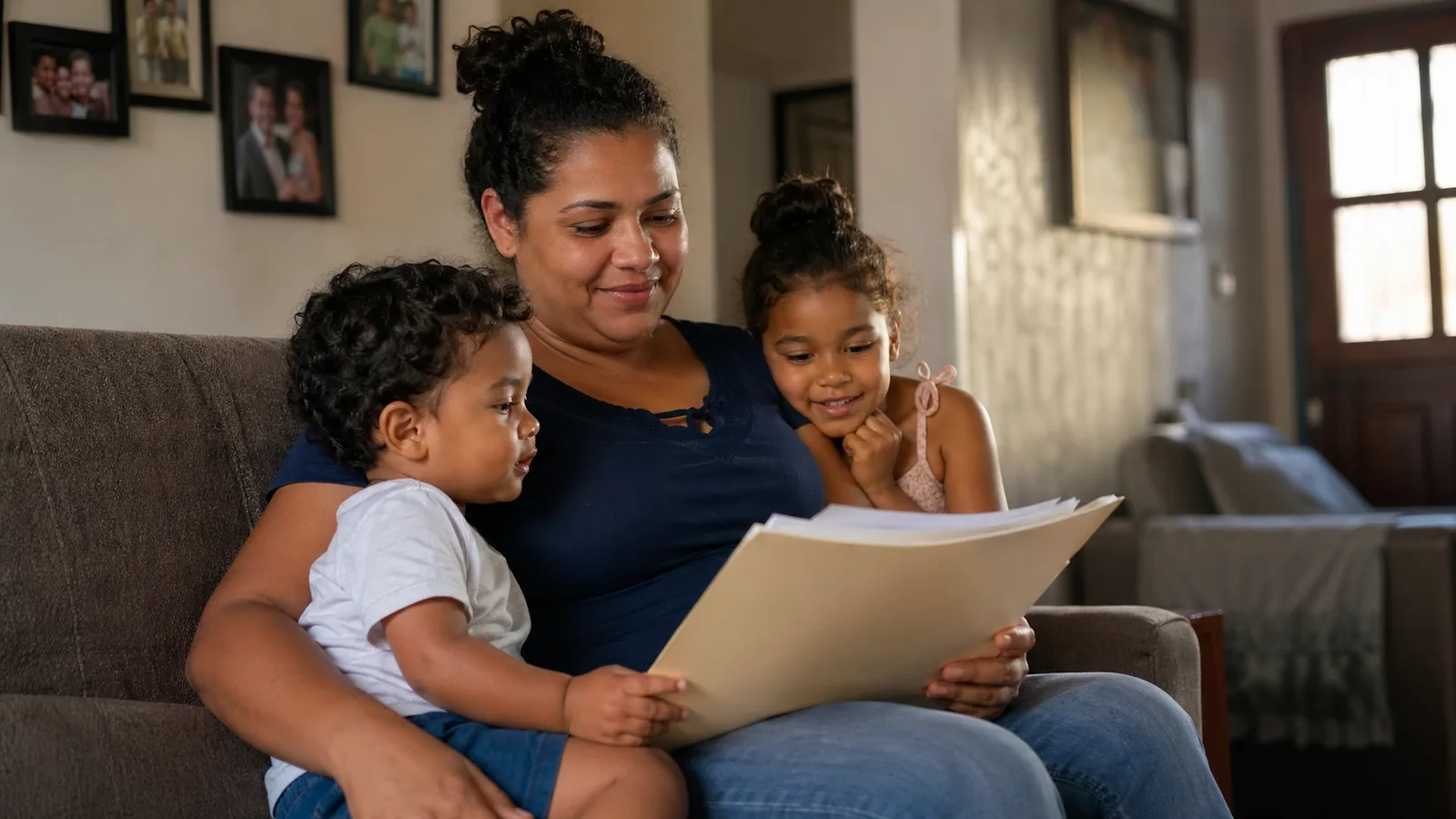 Mãe brasileira no sofá com 2 crianças pequenas, em momento familiar
