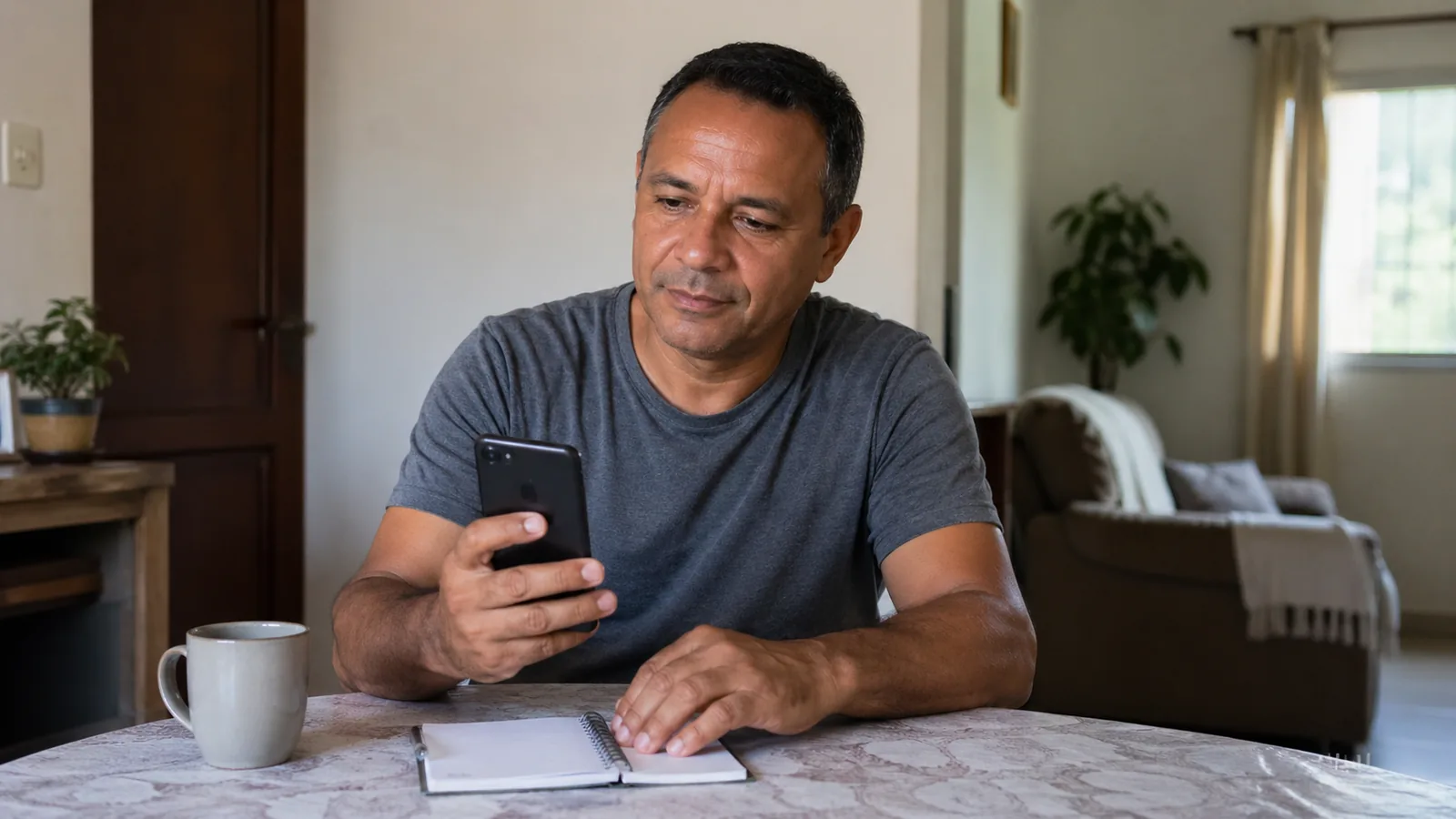 Trabalhador brasileiro em casa consultando saldo do FGTS no celular