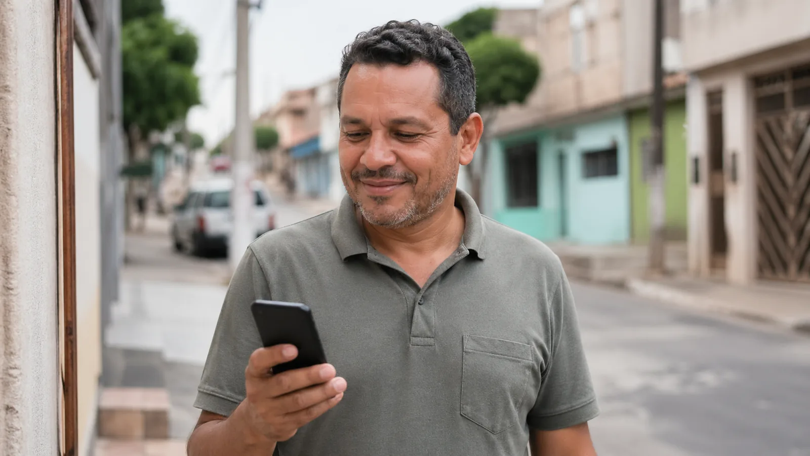 Trabalhador brasileiro em rua de bairro consultando notificação do PIS Pasep no celular